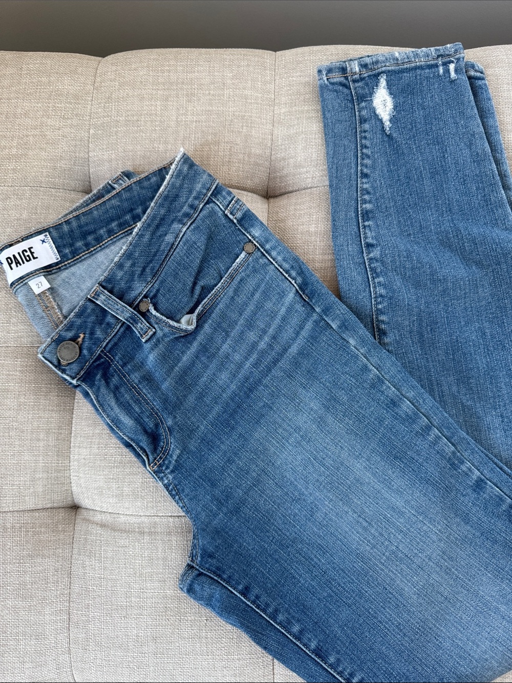 PAIGE High-Rise Medium Blue Distressed Jeans